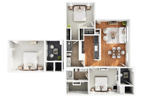 A series of images showing different layouts of a small apartment.